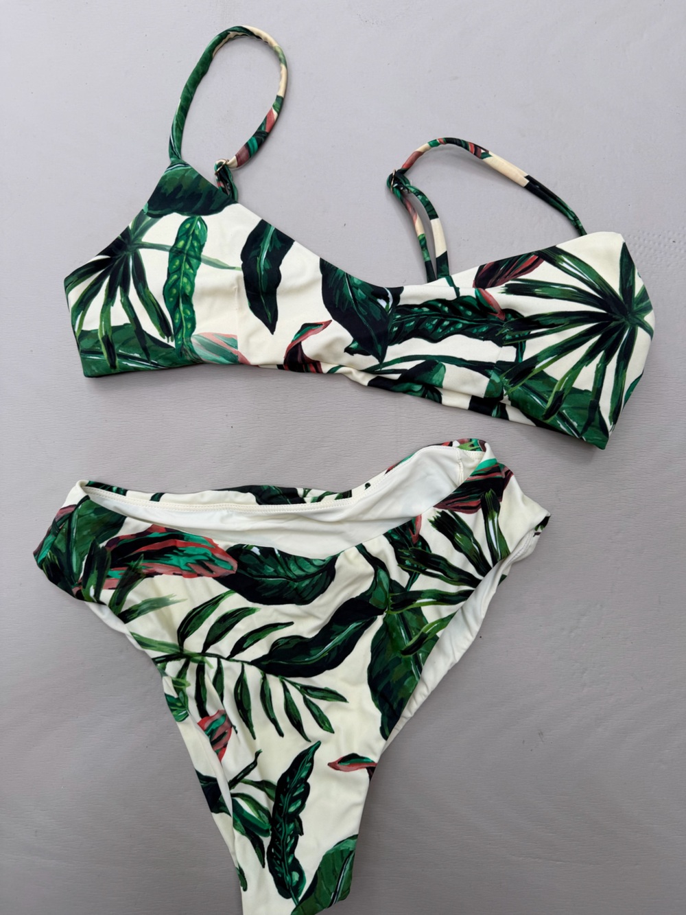 Andie Cream Bikini (both pieces) with Green Tropical Leaf Print